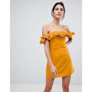 Off-the-shoulder Mustard Yellow Ruffle Mini Dress